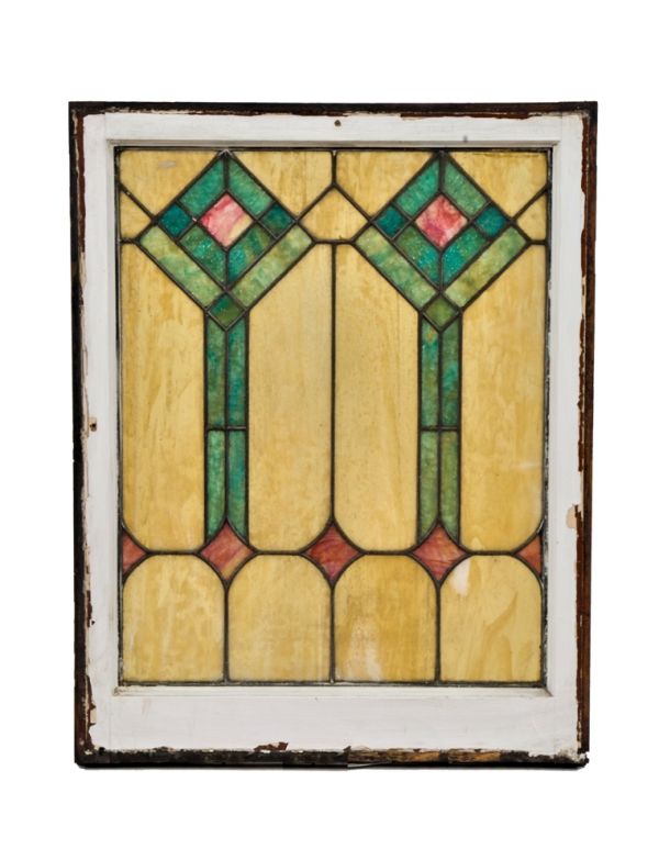 vibrantly colored original "prairie school" style strongly geometric salvaged chicago interior residential stained glass window with original wood sash frame