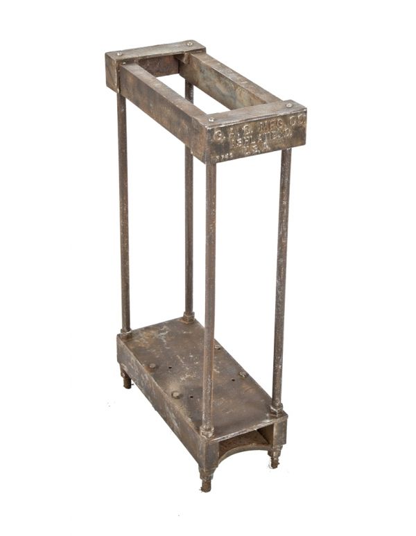 original early 20th century antique american industrial reinforced cast iron stand or table base with a mostly uniform brushed metal finish throughout 