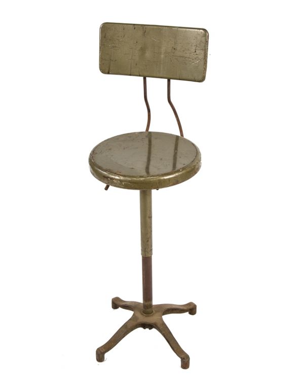 fully functional early american vintage industrial "adjustrite" army green enameled telescoping factory workbench stool with slightly contoured backrest 