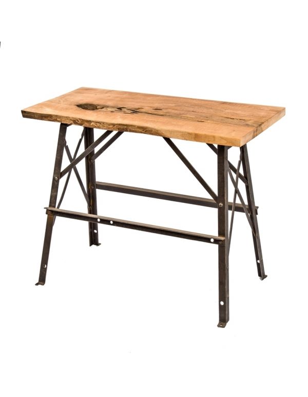 repurposed vintage american industrial angled steel four-legged stationary side table with newly added solid cherry wood tabletop 
