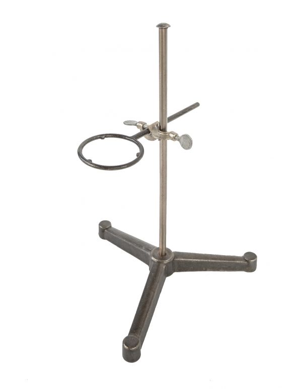 c. 1920's antique american industrial brushed metal fully adjustable cast iron and steel scientific laboratory retort stand with detachable ring clamp