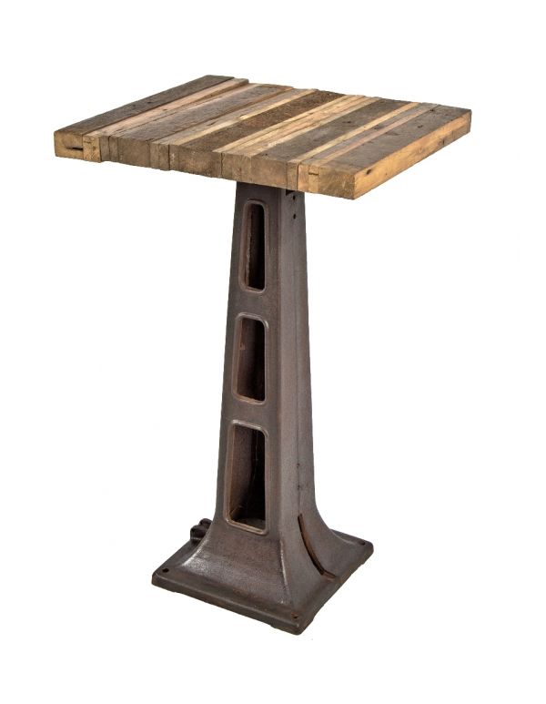 repurposed vintage american industrial freestanding brushed bare metal workstand or podium with newly added old growth wood tabletop