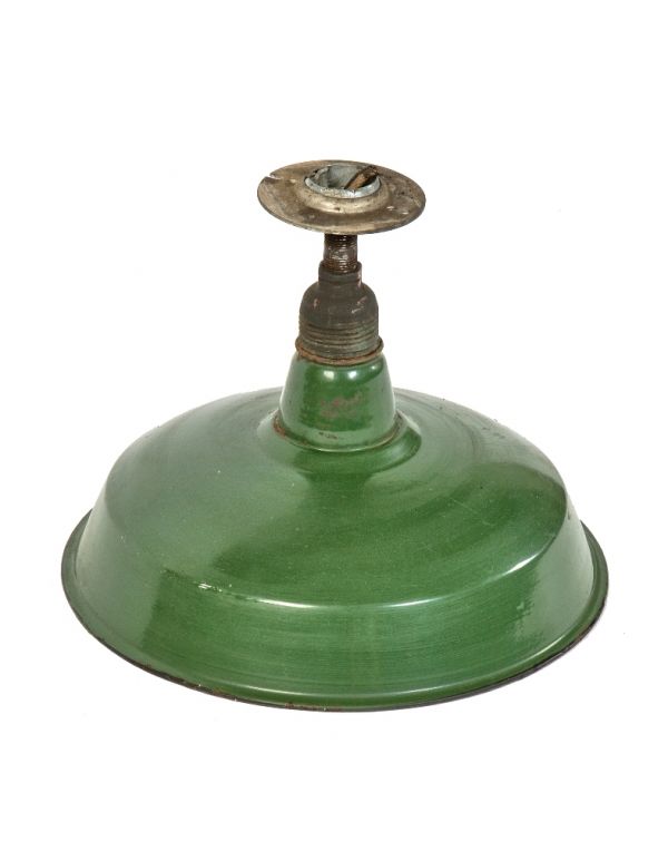 original antique american industrial single green porcelain enameled cold-rolled iron pendant light fixture with nicely aged copper socket housing 