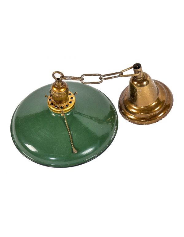 single original c. 1920's antique american chicago factory office green porcelain enameled pendant light fixture with chain and tapered spun brass canopy
