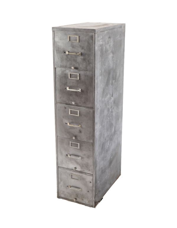 brushed bare metal c. 1950's vintage american industrial 4-drawer heavy gauge factory office filing cabinet with original  aluminum handles and placard holders 