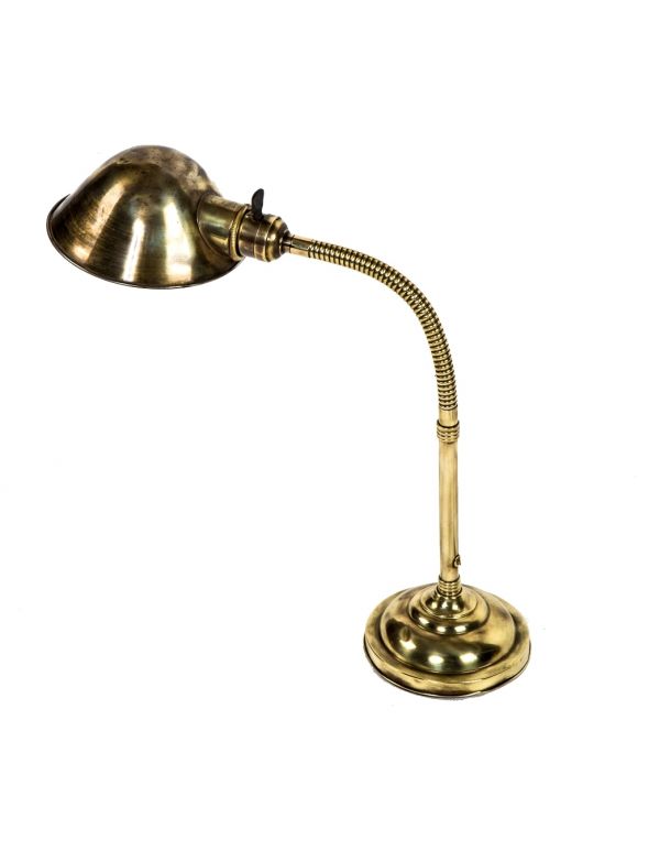 restored and rewired early 20th century antique american yellow brass faries desk or table lamp with original rolled rim parabolic shade and gooseneck arm 