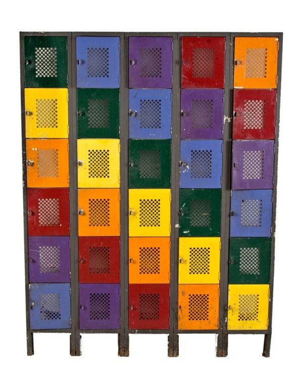 c. 1950's american industrial 30-unit compartmentalized cold-rolled steel freestanding locker with uniquely colored painted finish 