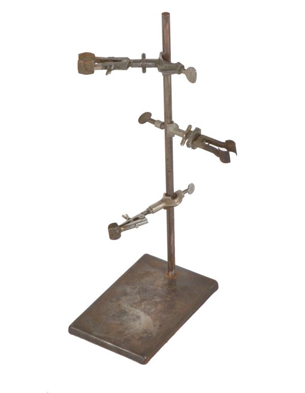original vintage american salvaged chicago research laboratory cast iron and steel retort stand with three detachable burret clamps 