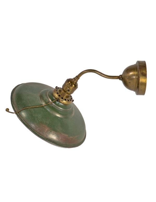original early 20th century antique american wall-mount cast and wrought brass single arm factory office wall sconce with uno fitter and distressed green shade or reflector 