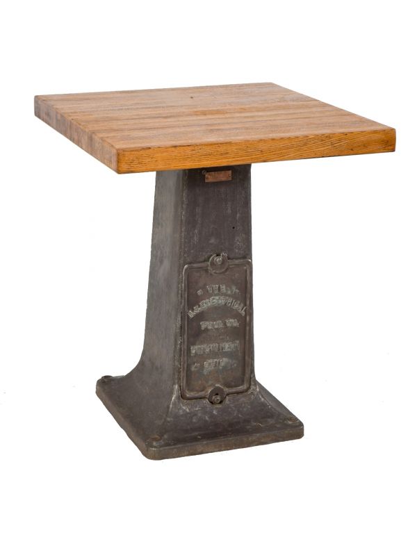repurposed early 20th century antique american industrial refinished brushed metal cast iron machine base with newly added solid oak wood tabletop 