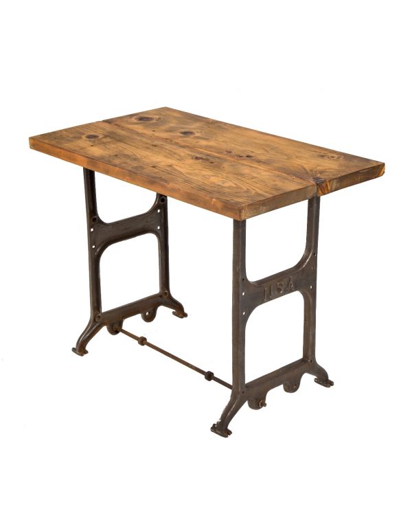 repurposed antique american industrial stationary desk or table with brushed metal cast iron legs and newly added refinished pine wood tabletop   
