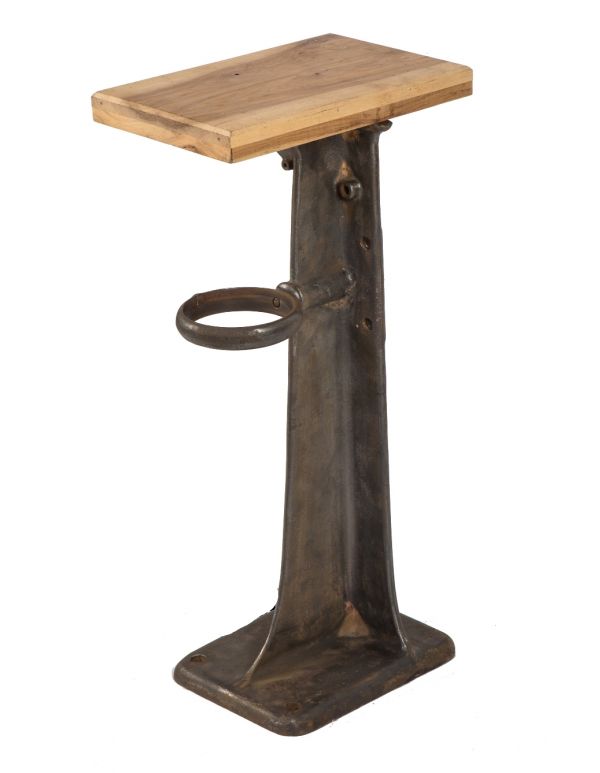 repurposed antique american industrial salvaged chicago factory machine shop cast iron pedestal base with unique projecting ring and newly added diminutive hardwood table top