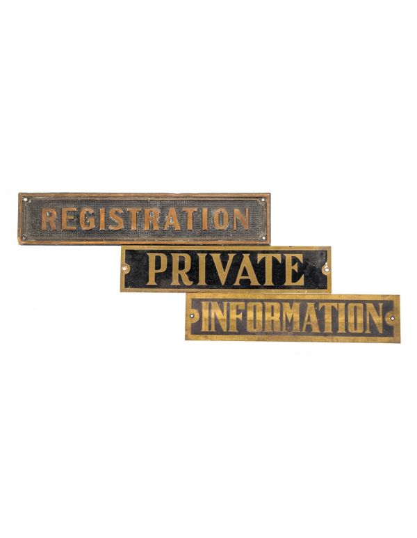 group of three original antique american salvaged chicago early 20th century stamped or pressed brass information signs