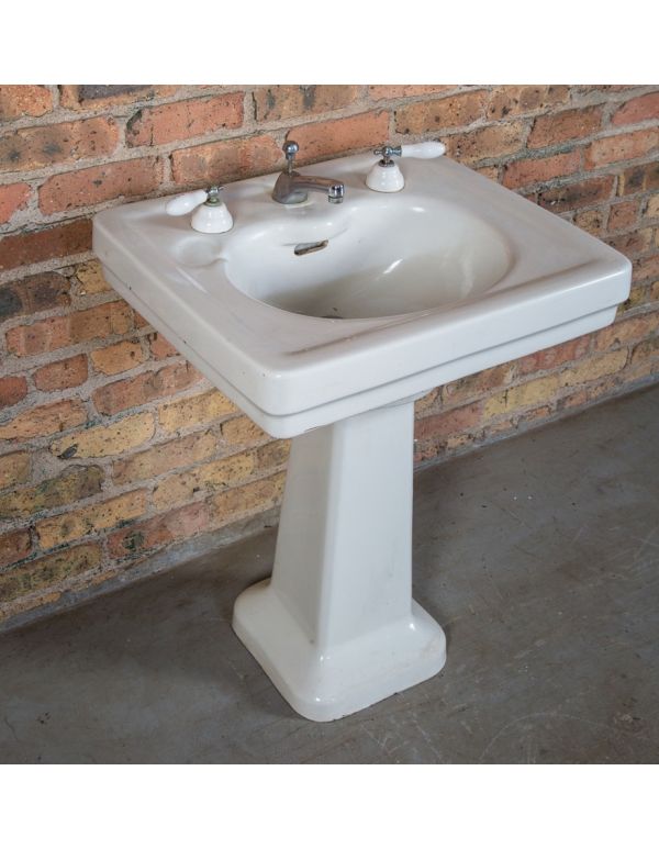 completely intact all original salvaged chicago early 20th century antique american residential lavatory sink with tapered base and porcelain hot and cold handles 