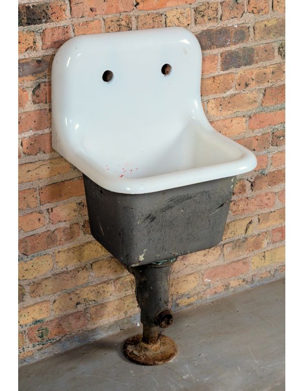 early 20th century antique american industrial wall-mount heavy duty salvaged chicago commercial building wall-mount closet sink with white porcelain enameled finish 