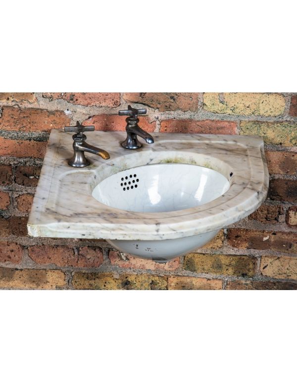 original late 19th century salvaged chicago american victorian trenton potteries residential lavatory or bathroom sink with marble top or vanity and ceramic bowl 