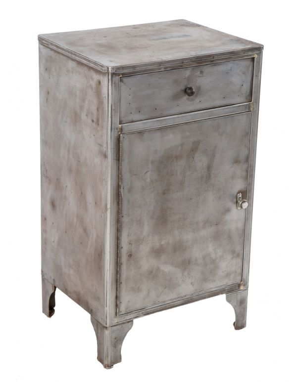 fully functional robust antique american medical pressed and folded steel hospital supply room stationary cabinet with hinged door, pull-out drawer and cabriole legs 
