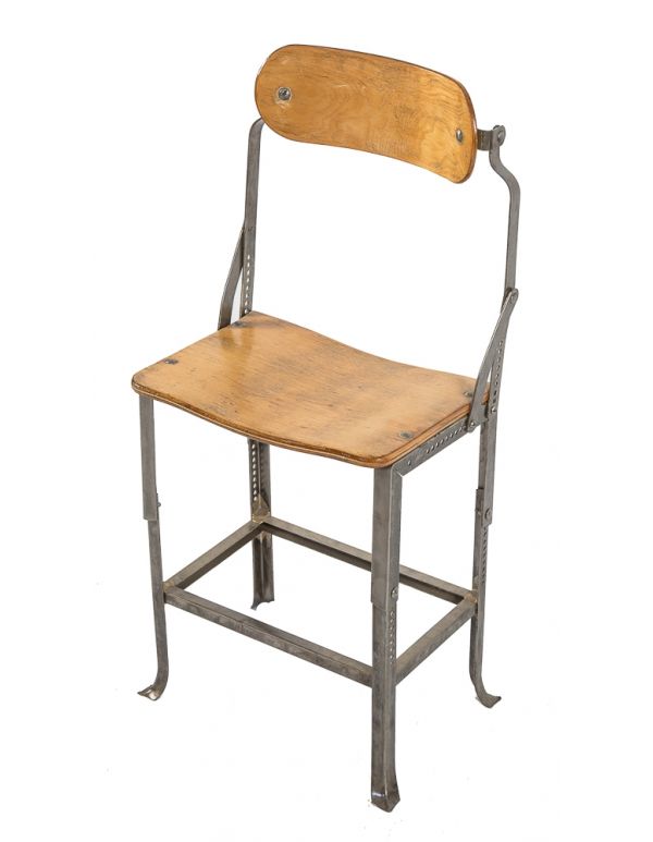 rare c. 1930's vintage industrial "no.280" angled steel salvaged chicago factory office posture chair with original birch wood seat and backrest