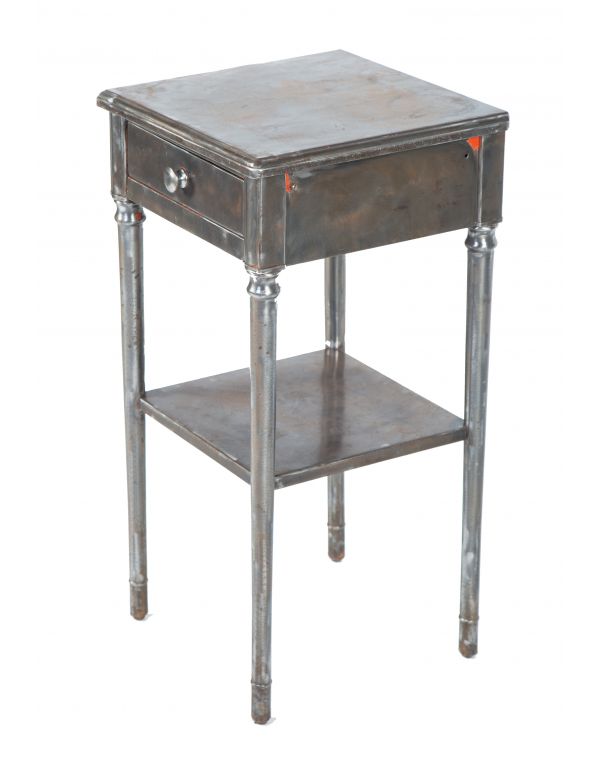 all original c. 1930's american depression era freestanding four-legged brushed metal simmons nightstand or side table with single pull-out drawer 