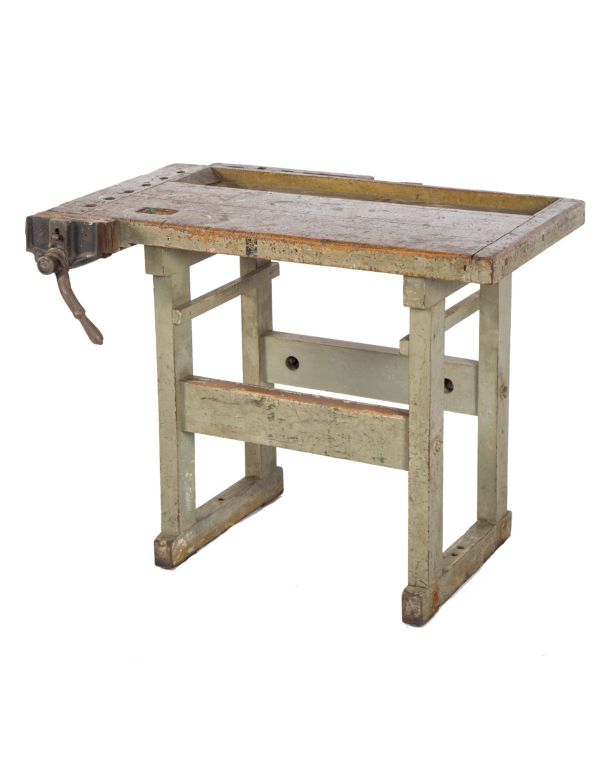 late 19th or early 20th century highly sought after christiansen reinforced hardwood four-legged factory workbench with original cast iron vise