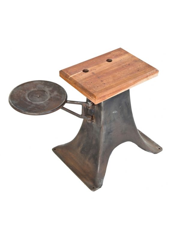 refinished low-lying antique american industrial cast iron machine base with newly added chamfered edge tabletop and swing-out circular platform  