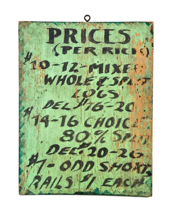 early 20th century weathered and worn hand-painted american folk art single-sided firewood salesman price chart with green and black paint finish 