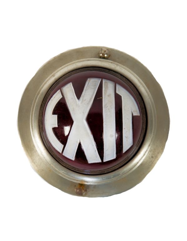 highly sought after all original antique american art deco style spun aluminum and ruby red glass circular-shaped exit light in excellent overall condition 