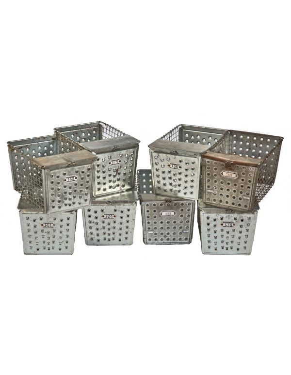 group of 4 matching original and intact pressed and folded combination wire and perforated steel salvaged chicago public school locker baskets with stamped steel number plaques  
