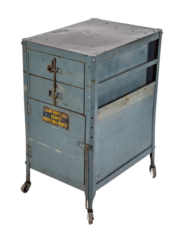 c. 1950's vintage american industrial salvaged chicago mobile blue enameled pressed and folded steel two-drawer machine shop tool cabinet or stand with hinged cabinet door 