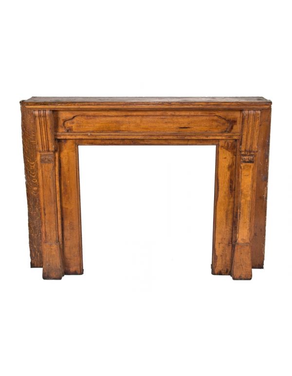 uniquely-designed original late 19th or early 20th century antique american interior residential quartered oak wood fireplace mantel with original finish 