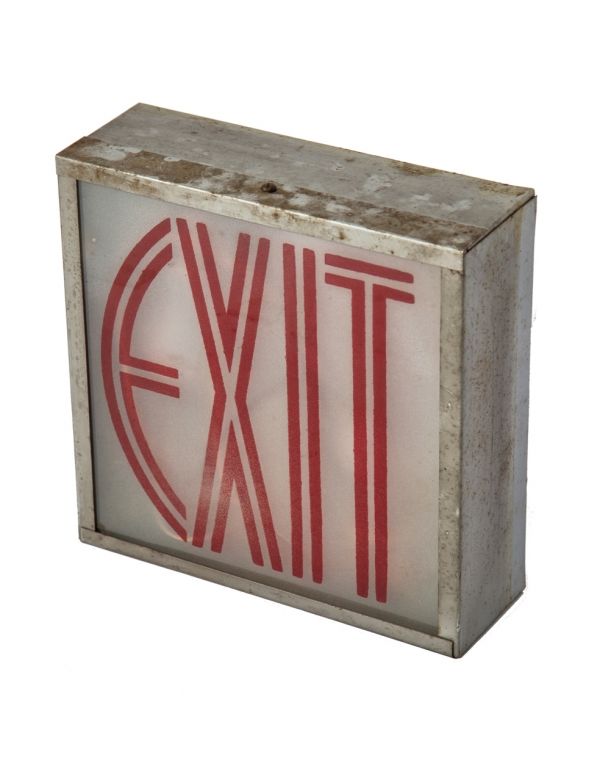 stunning all original and intact c. 1930's art deco machine age illuminated exit sign or light with striking oversize red lettering against glass pane inset