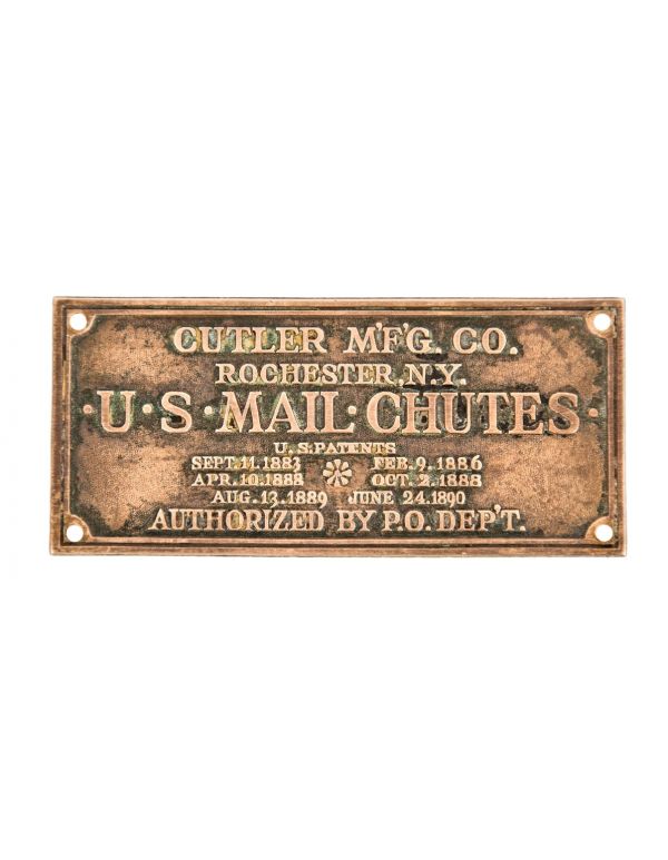 original c. 1914 single-sided stamped brass fort dearborn hotel cutler mail chute company plaque with nicely aged surface patina 