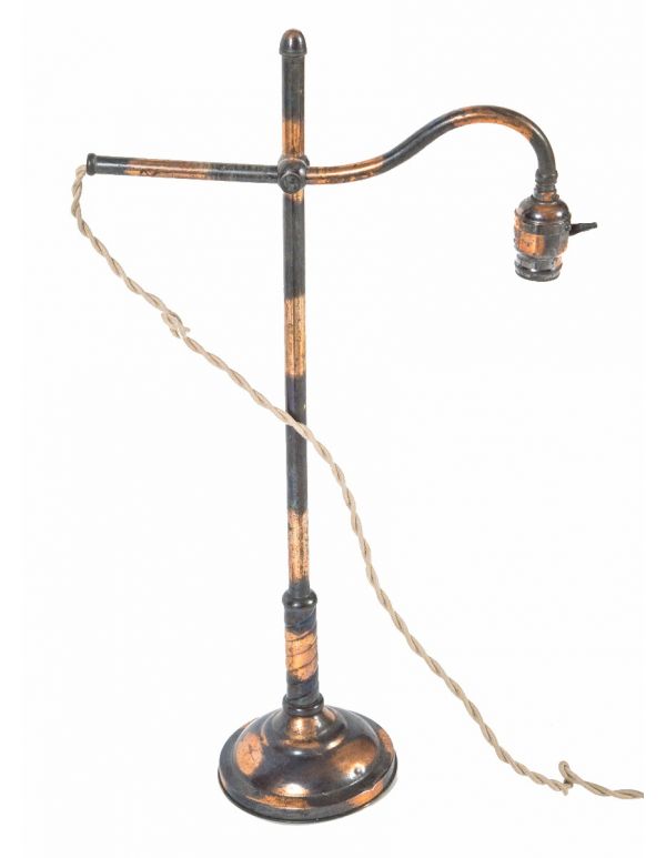 highly desirable early 20th century american industrial oxidized copper-plated single adjustable arm table lamp with braided cloth cord 