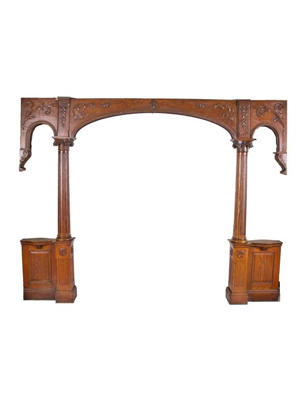 all original and intact 19th century american salvaged chicago varnished oak wood interior residential room divider or colonnade replete with heavily ornament gesso molding