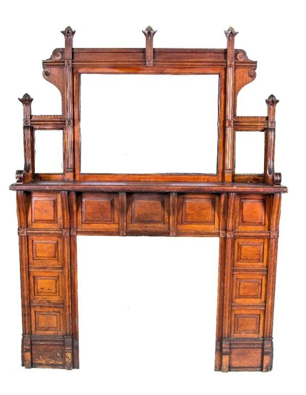 impressive c. 1880's completely intact salvaged chicago interior residential quartered oak eastlake style fireplace mantel with original beveled mirror 