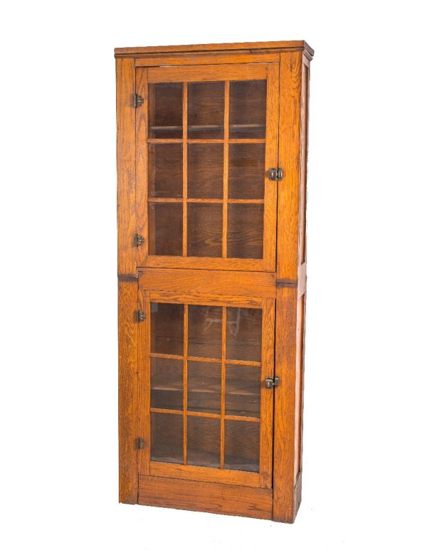 all original mission style salvaged chicago varnished oak wood bookcase or cabinet with french style glass doors
