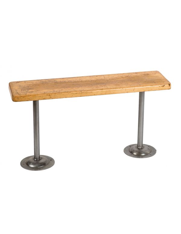 refinished vintage american industrial brushed tubular steel factory locker room diminutive bench with maple wood top 