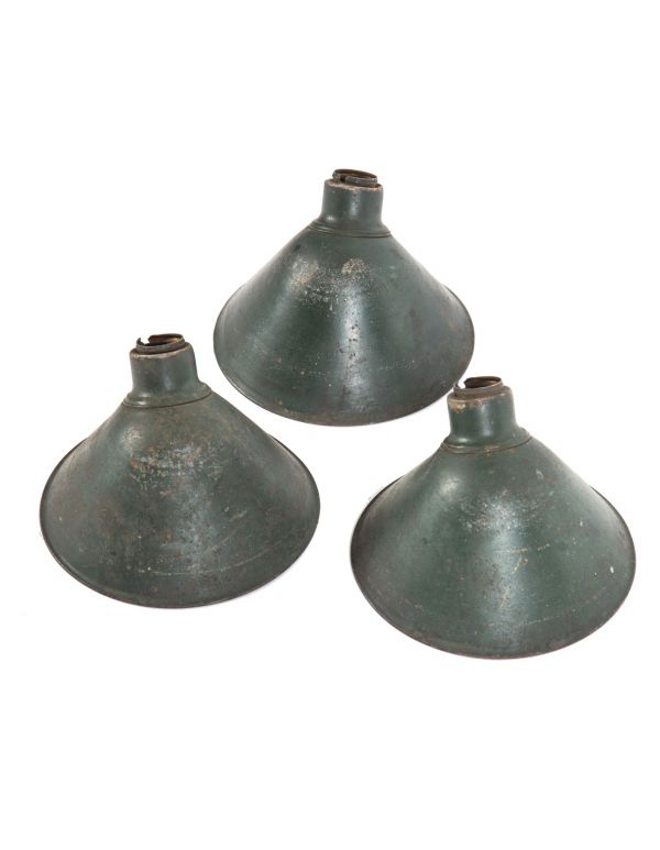 group of three original early 20th century harvey hubble green enameled steel factory work lamp conical shades or reflectors 