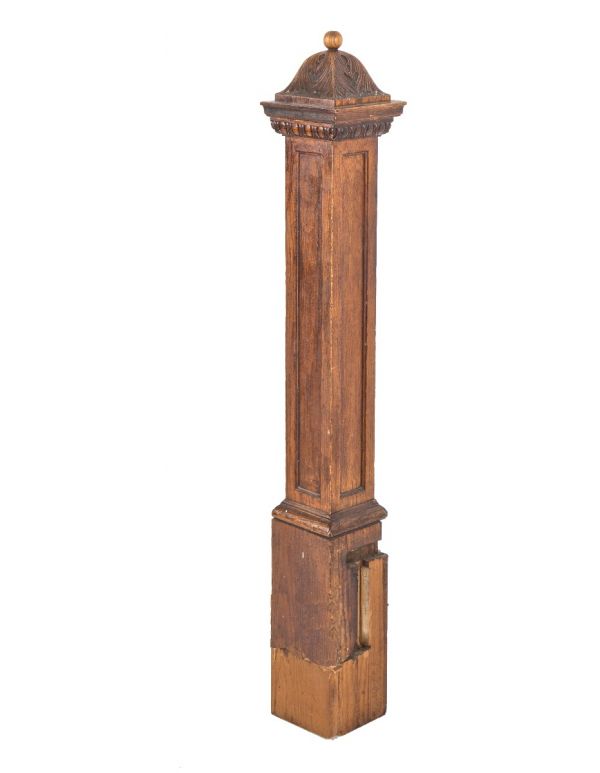 one of three nearly identical varnished oak wood salvaged chicago box-shaped newel posts with hand-carved 