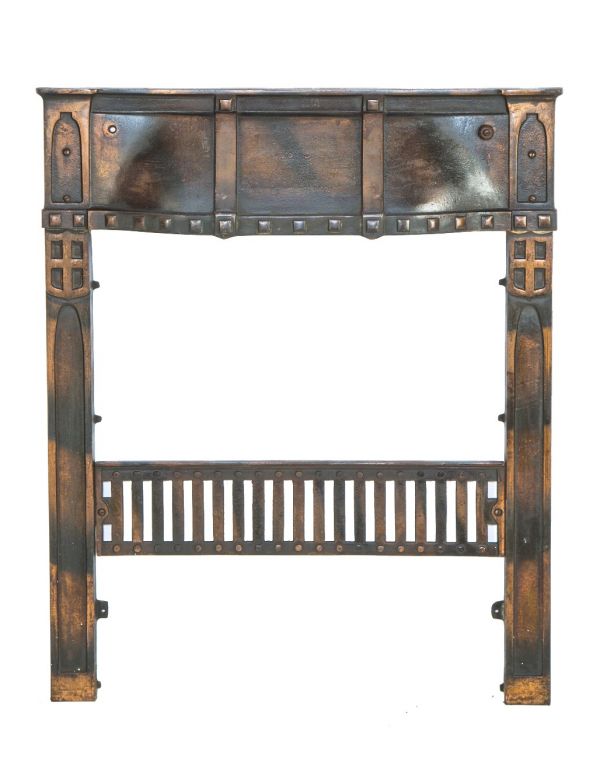 hard to find early 20th century craftsman or mission style copper-plated ornamental cast iron residential fireplace surround 