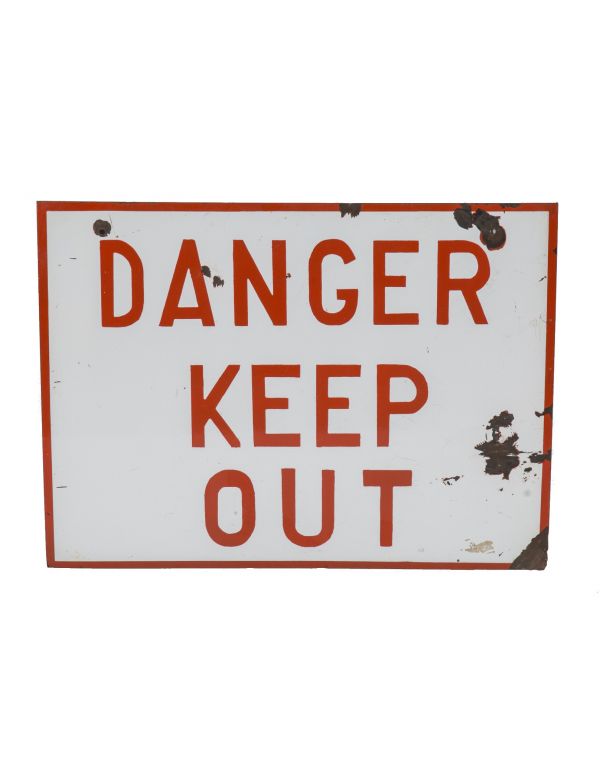 hard to find original single-sided oversized porcelain enameled cold-rolled steel "danger" sign with bold red lettering