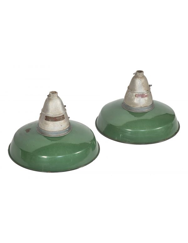 matching set of original salvaged chicago wrigley chewing gum factory green porcelain enameled crouse-hinds pedant lights 