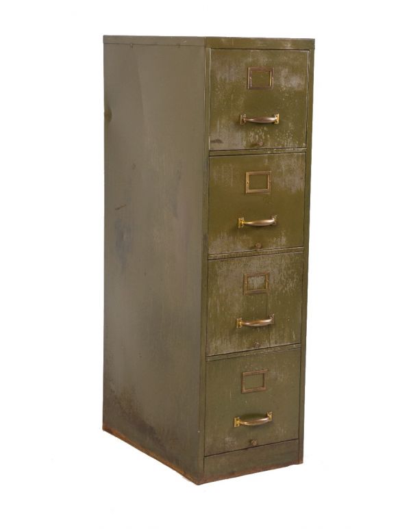 one of two nearly identical early 20th century american industrial multi-drawer cabinets with original olive green enameled finish 