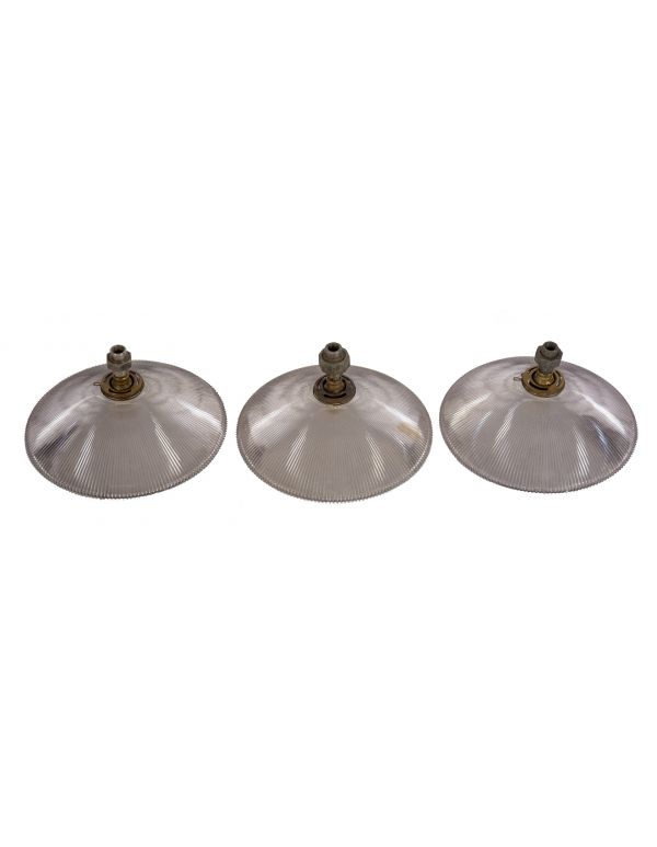 one of three matching early 20th century hard to find holophane company prismatic glass pendant lights