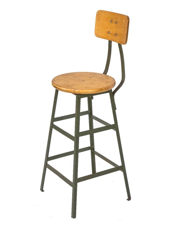 well-maintained vintage american industrial salvaged chicago "pollard green" factory machinist stool with maple wood seat
