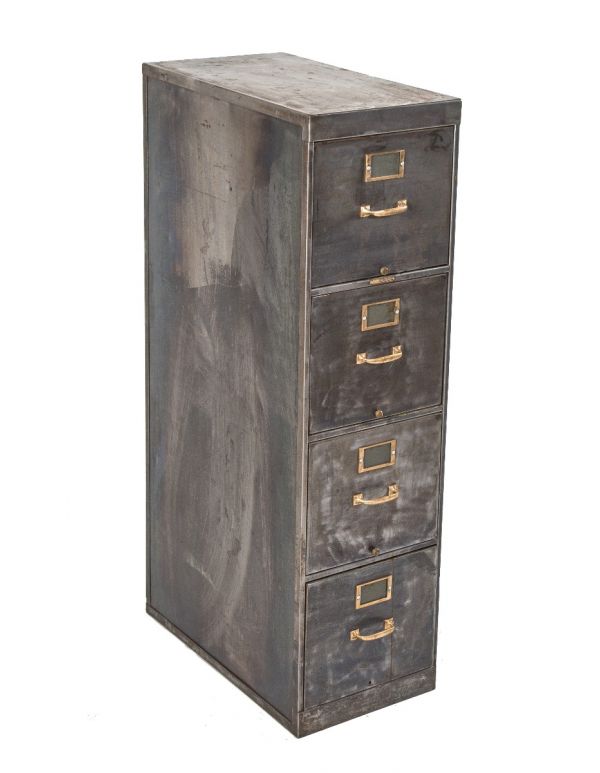 vintage american industrial salvaged chicago brushed steel multi-drawer freestanding filing cabinet with cast brass handles and placard holders