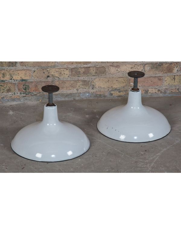 two matching unusually-shaped antique american industrial white porcelain enameled heavy gauge steel factory pendant lights 