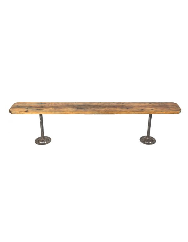 one of two original vintage american industrial low-lying a. finkl foundry locker room benches with maple wood top 
