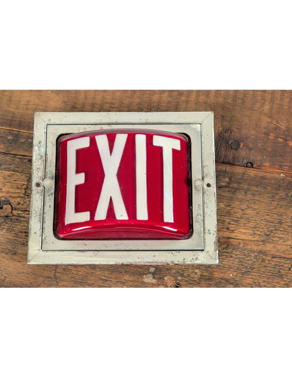 hard to find all original depression-era art deco style movie theater wall-mount curved glass ruby red exit sign with aluminum fitter