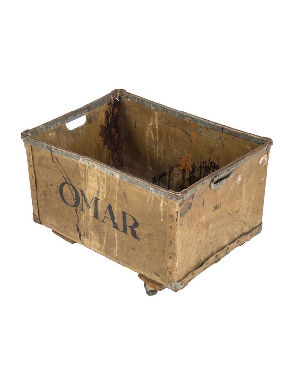 unique depression era vintage american industrial "spauliding fibre" mobile cart or bin salvaged from milwaukee's omar bakery 